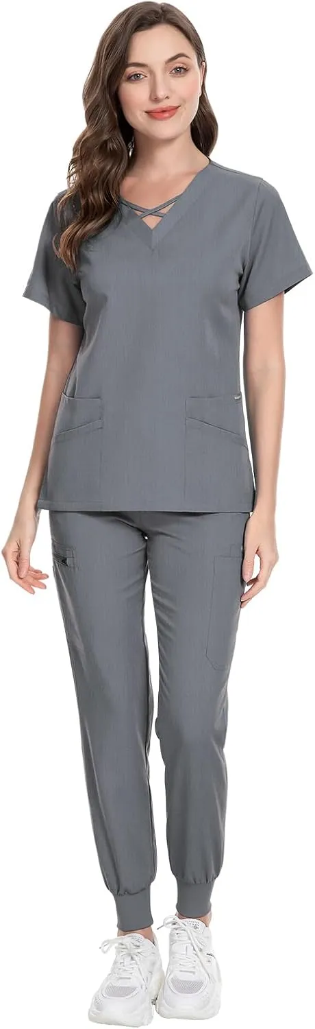 VIAOLI Scrubs for Women Set Modern V-Neck Top & 8 Pocket Jogger Pants Athletic Nursing Uniform Solid Stretch Workwear