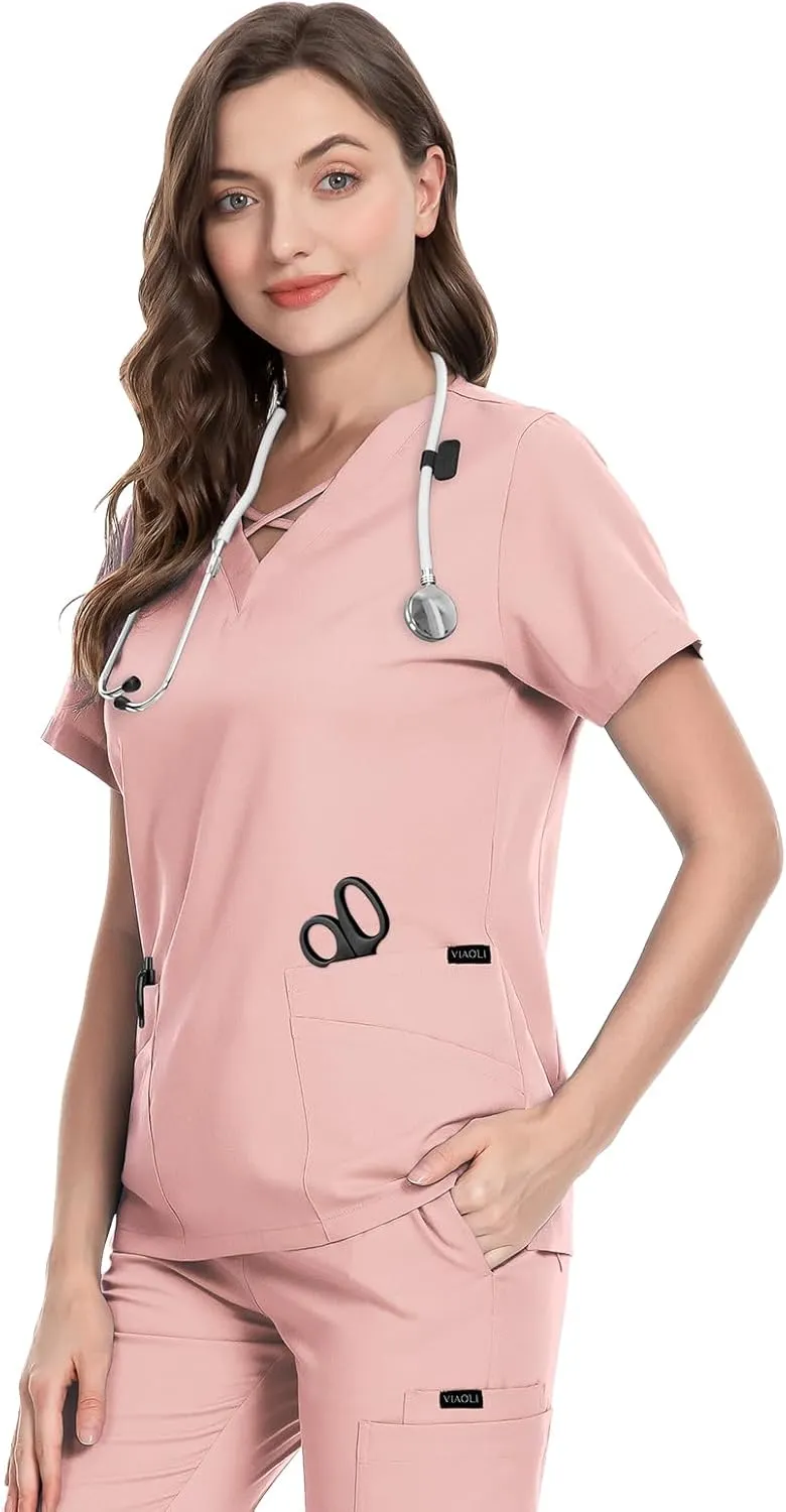 VIAOLI Scrubs for Women Set Modern V-Neck Top & 8 Pocket Jogger Pants Athletic Nursing Uniform Solid Stretch Workwear