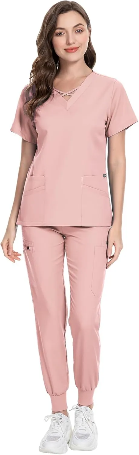 VIAOLI Scrubs for Women Set Modern V-Neck Top & 8 Pocket Jogger Pants Athletic Nursing Uniform Solid Stretch Workwear