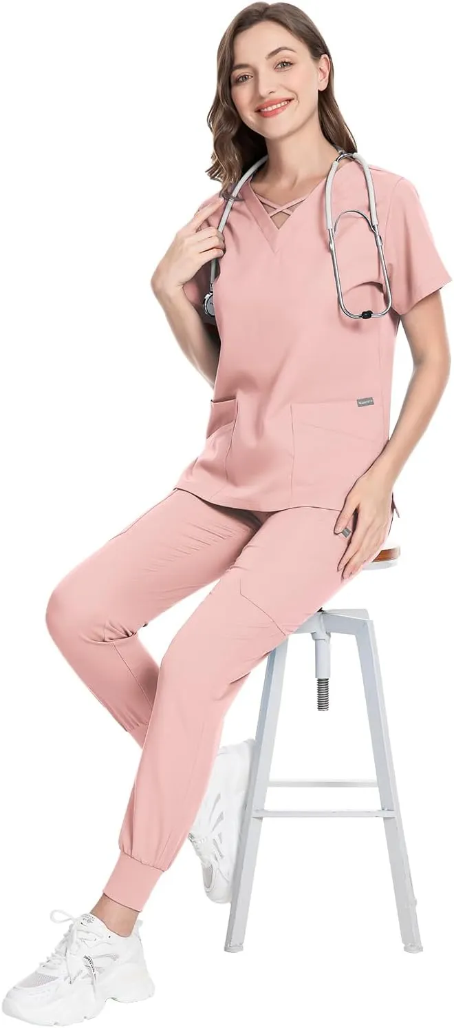 VIAOLI Scrubs for Women Set Modern V-Neck Top & 8 Pocket Jogger Pants Athletic Nursing Uniform Solid Stretch Workwear