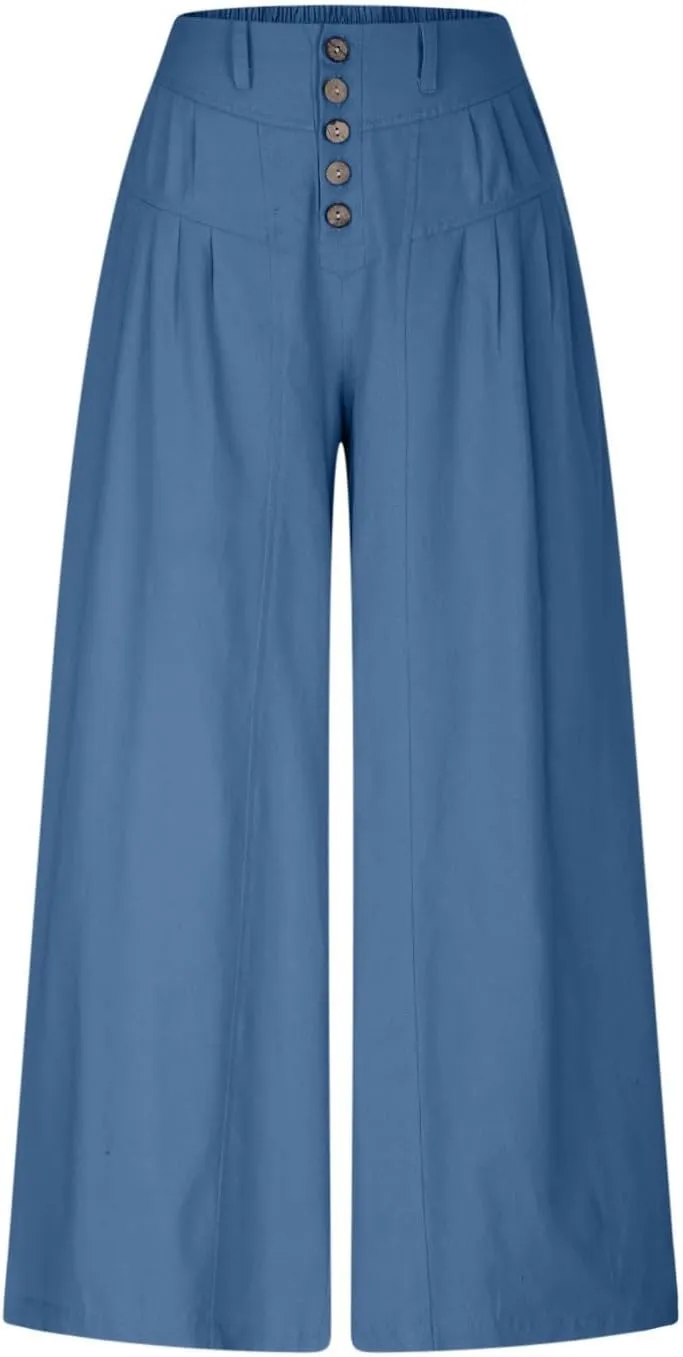 Wide Leg Capri Pants for Women Trendy High Waisted Buttons Fly Palazzo Denim Pants Pleated Culotte Jeans with Pocket