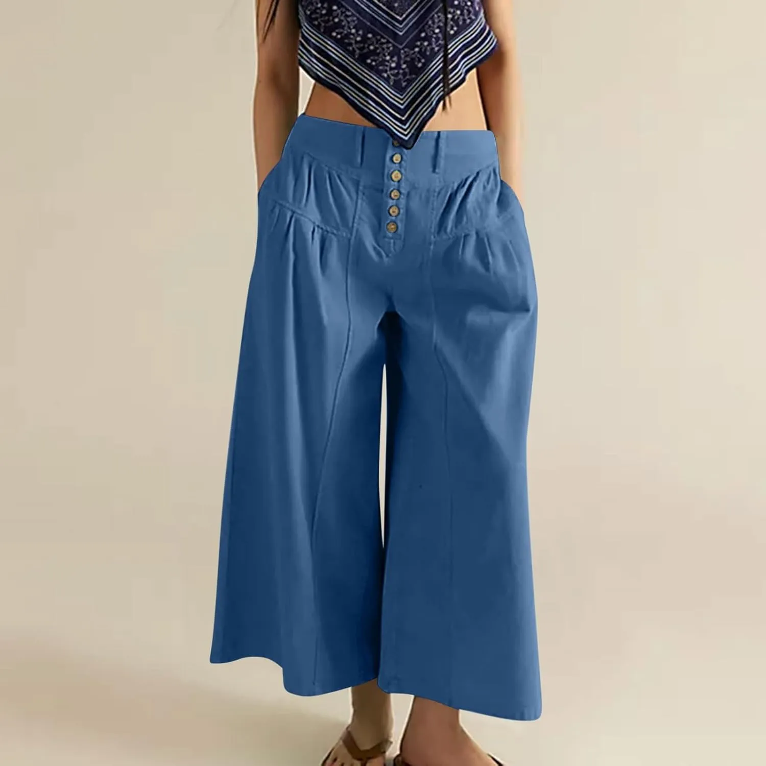Wide Leg Capri Pants for Women Trendy High Waisted Buttons Fly Palazzo Denim Pants Pleated Culotte Jeans with Pocket