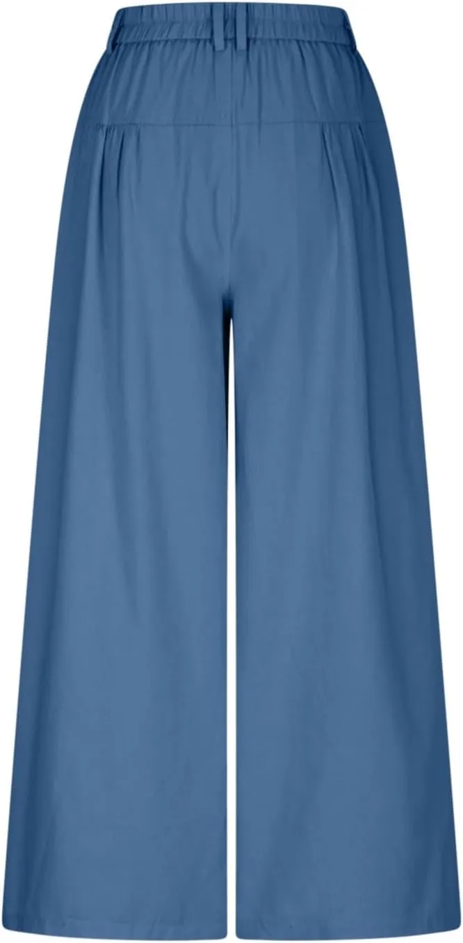 Wide Leg Capri Pants for Women Trendy High Waisted Buttons Fly Palazzo Denim Pants Pleated Culotte Jeans with Pocket