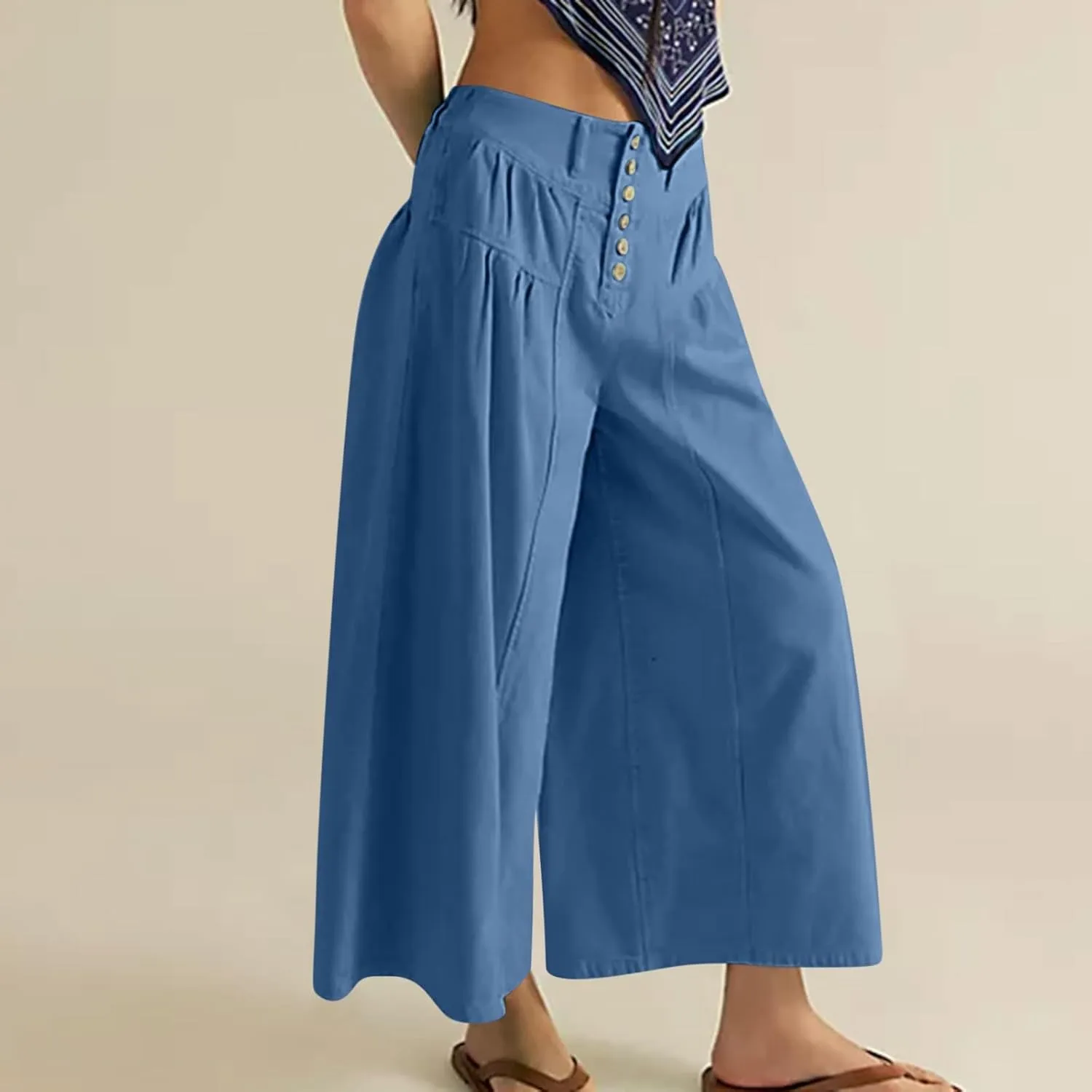 Wide Leg Capri Pants for Women Trendy High Waisted Buttons Fly Palazzo Denim Pants Pleated Culotte Jeans with Pocket