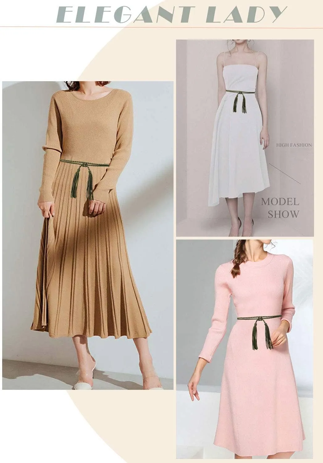 Women Girls Braided Waist Tie Belt/Rope with Tassel Wrap Cloth Belts for Dress Pants