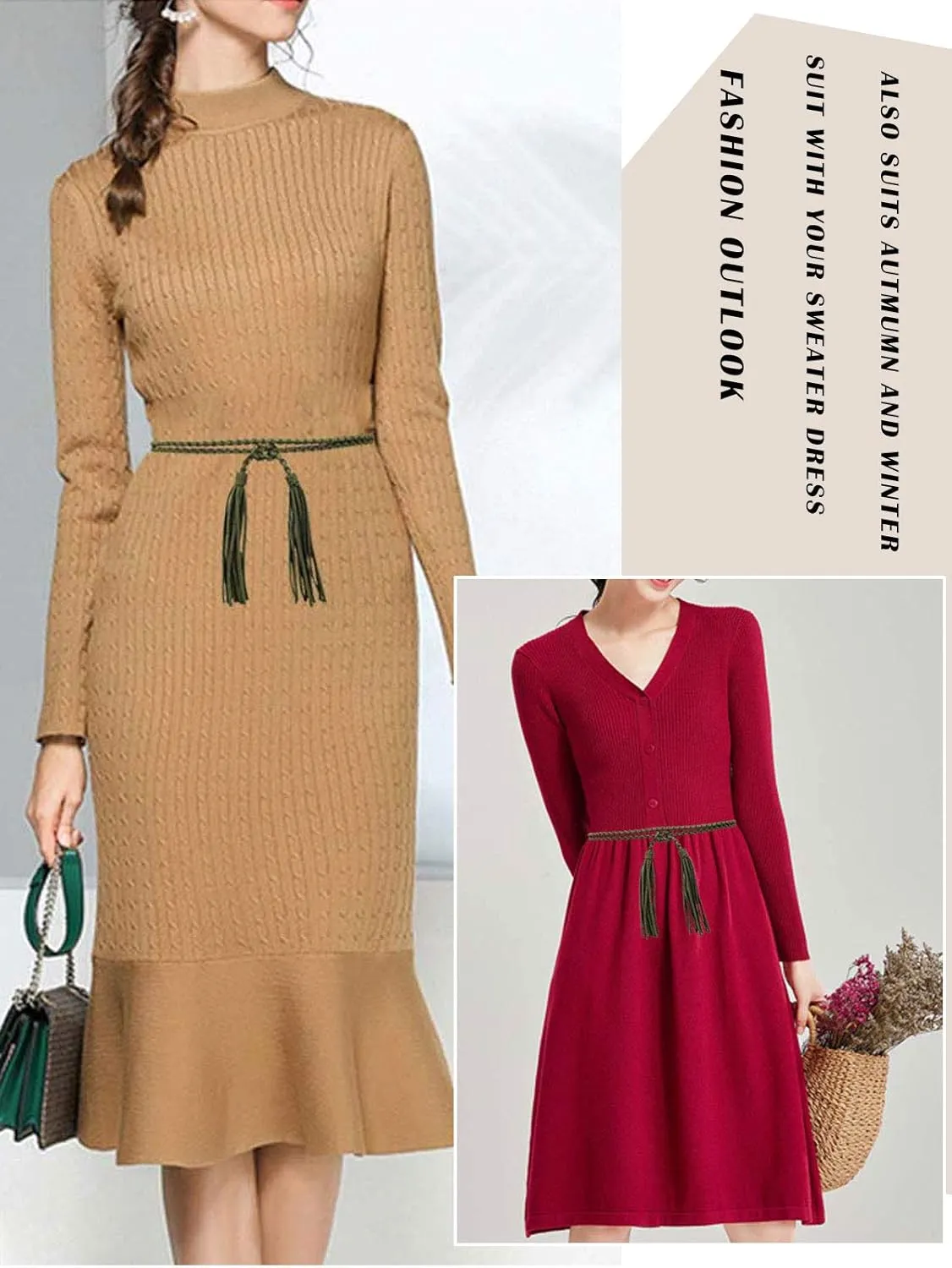 Women Girls Braided Waist Tie Belt/Rope with Tassel Wrap Cloth Belts for Dress Pants