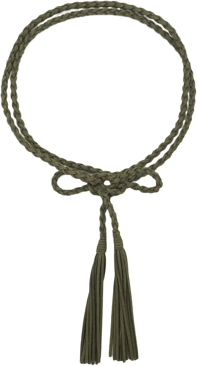 Women Girls Braided Waist Tie Belt/Rope with Tassel Wrap Cloth Belts for Dress Pants