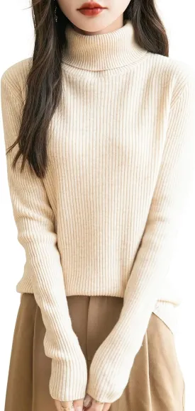 Women's 100% Merino Wool Turtleneck Sweater 2025 Fall Winter Long Sleeve Warm Soft Ribbed Knit Pullover Sweater