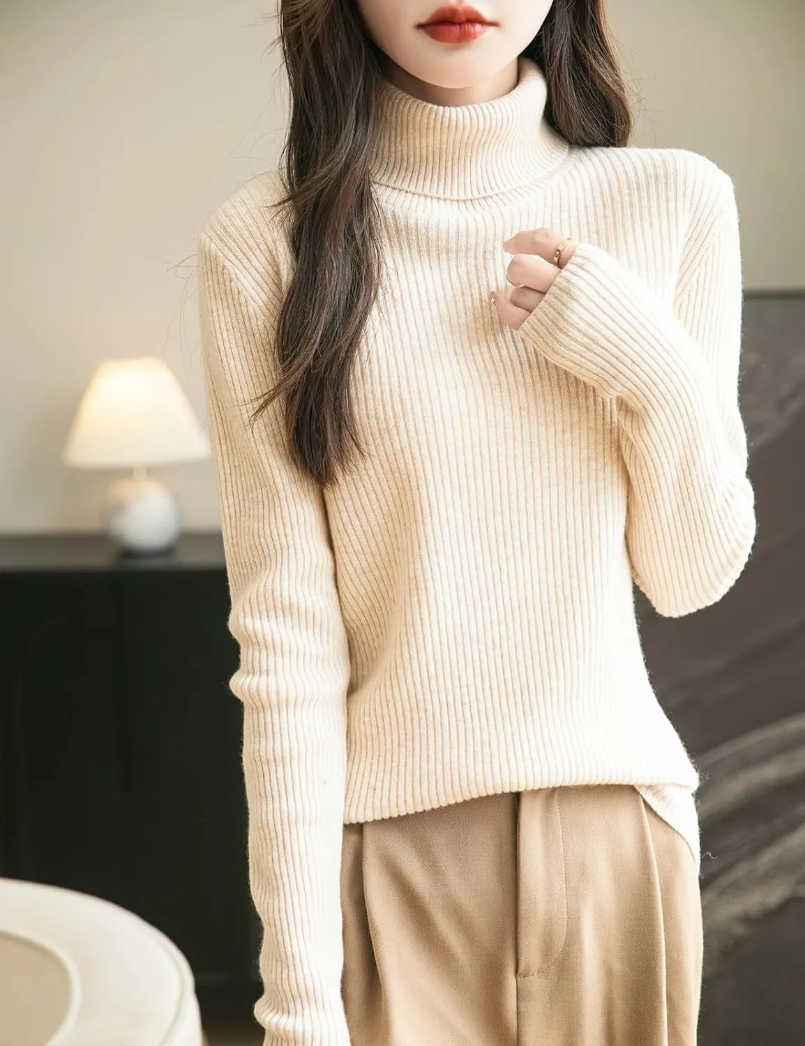 Women's 100% Merino Wool Turtleneck Sweater 2025 Fall Winter Long Sleeve Warm Soft Ribbed Knit Pullover Sweater