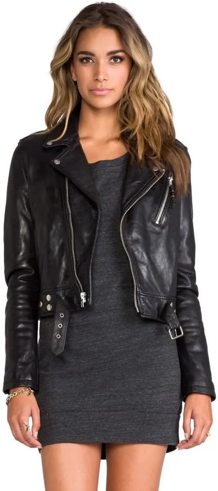 Women's Genuine Lambskin Biker Bomber Jacket Large Black