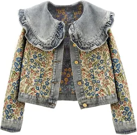 Womens Jacquard Denim Jacket with Sweet Peter Pan Collar & Long Sleeves