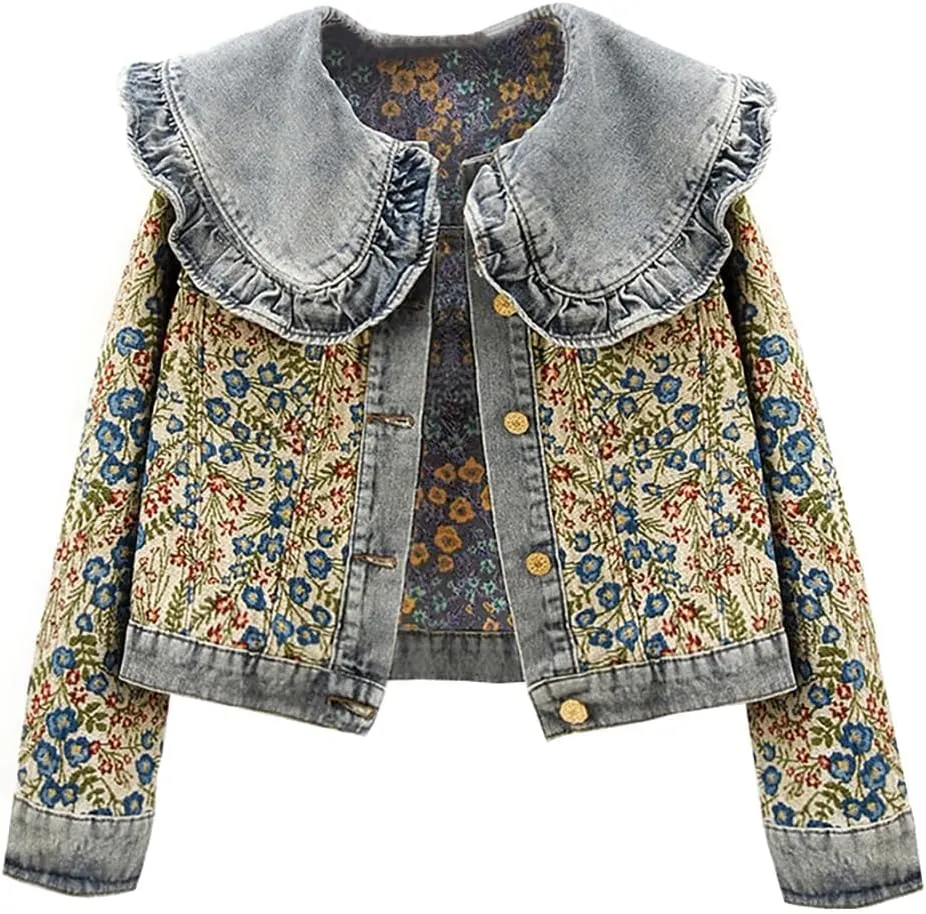 Womens Jacquard Denim Jacket with Sweet Peter Pan Collar & Long Sleeves