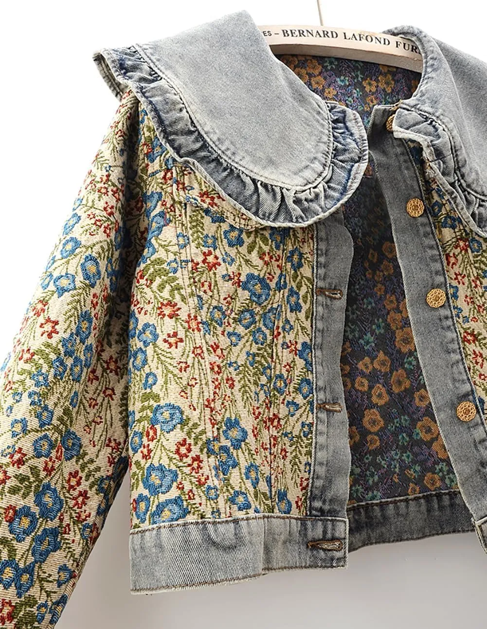 Womens Jacquard Denim Jacket with Sweet Peter Pan Collar & Long Sleeves