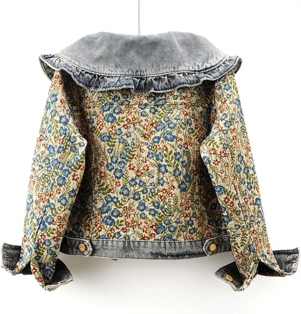 Womens Jacquard Denim Jacket with Sweet Peter Pan Collar & Long Sleeves