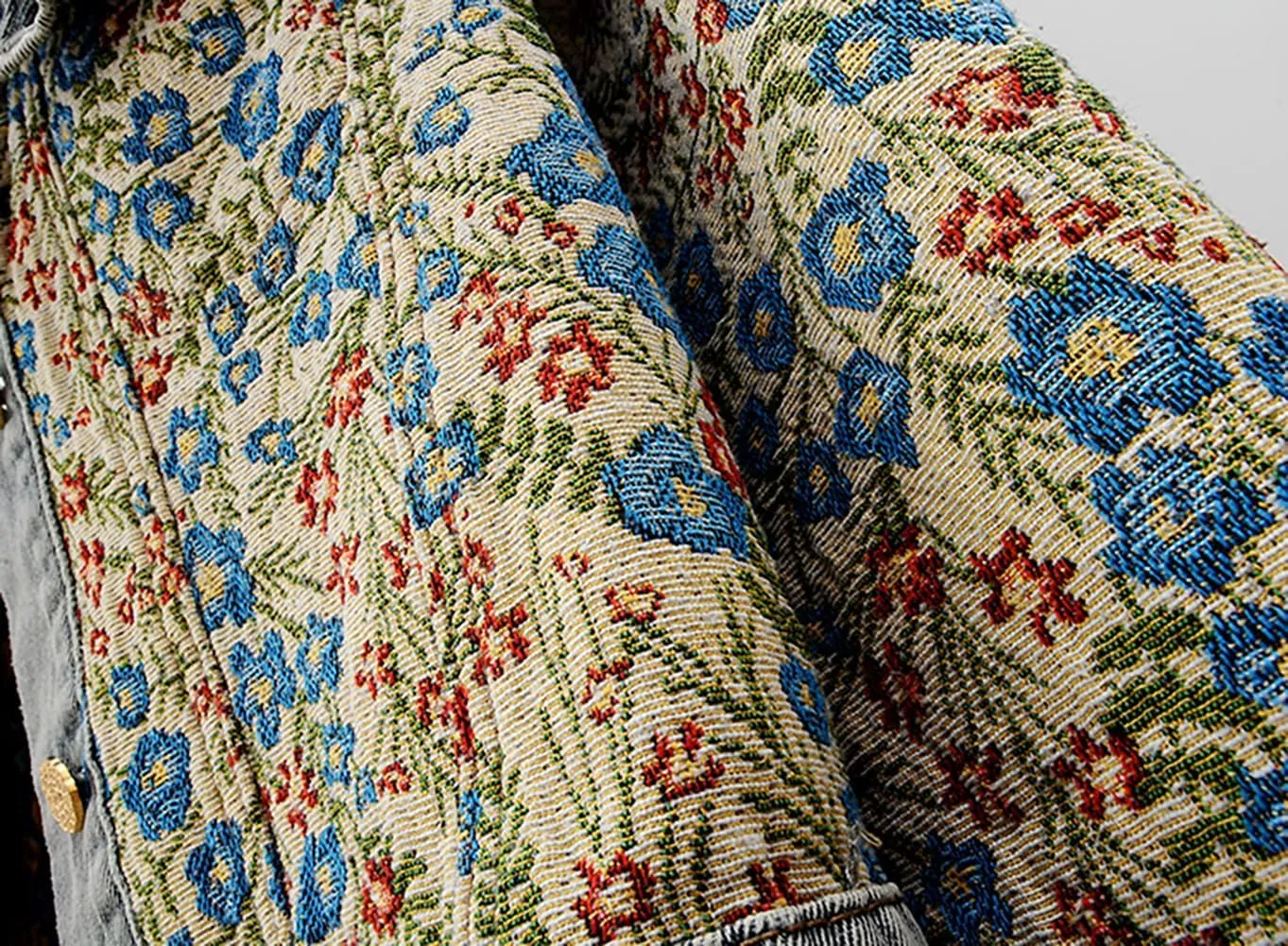 Womens Jacquard Denim Jacket with Sweet Peter Pan Collar & Long Sleeves