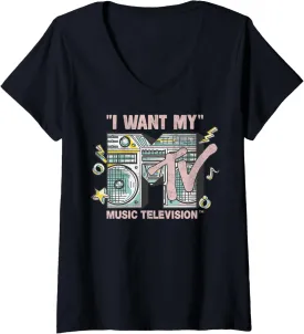 Womens MTV I Want My MTV Vintage Speakers V-Neck T-Shirt