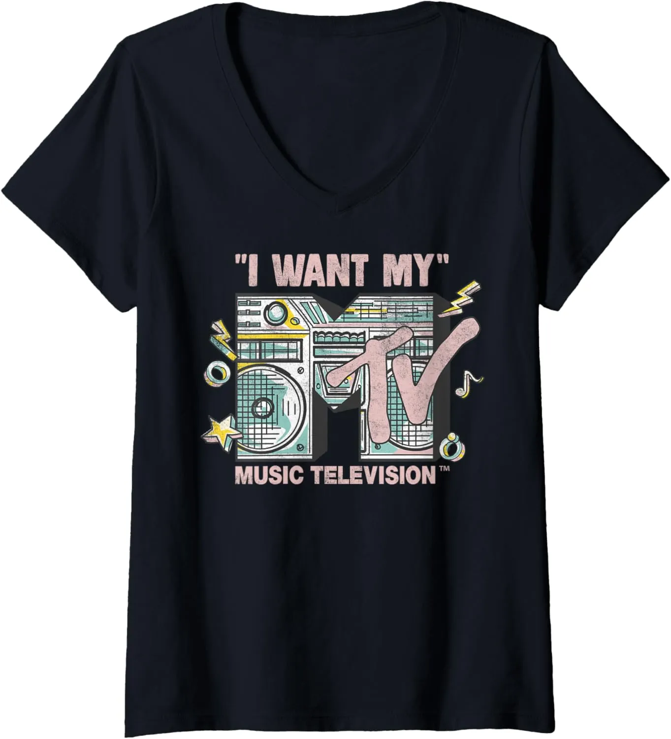 Womens MTV I Want My MTV Vintage Speakers V-Neck T-Shirt
