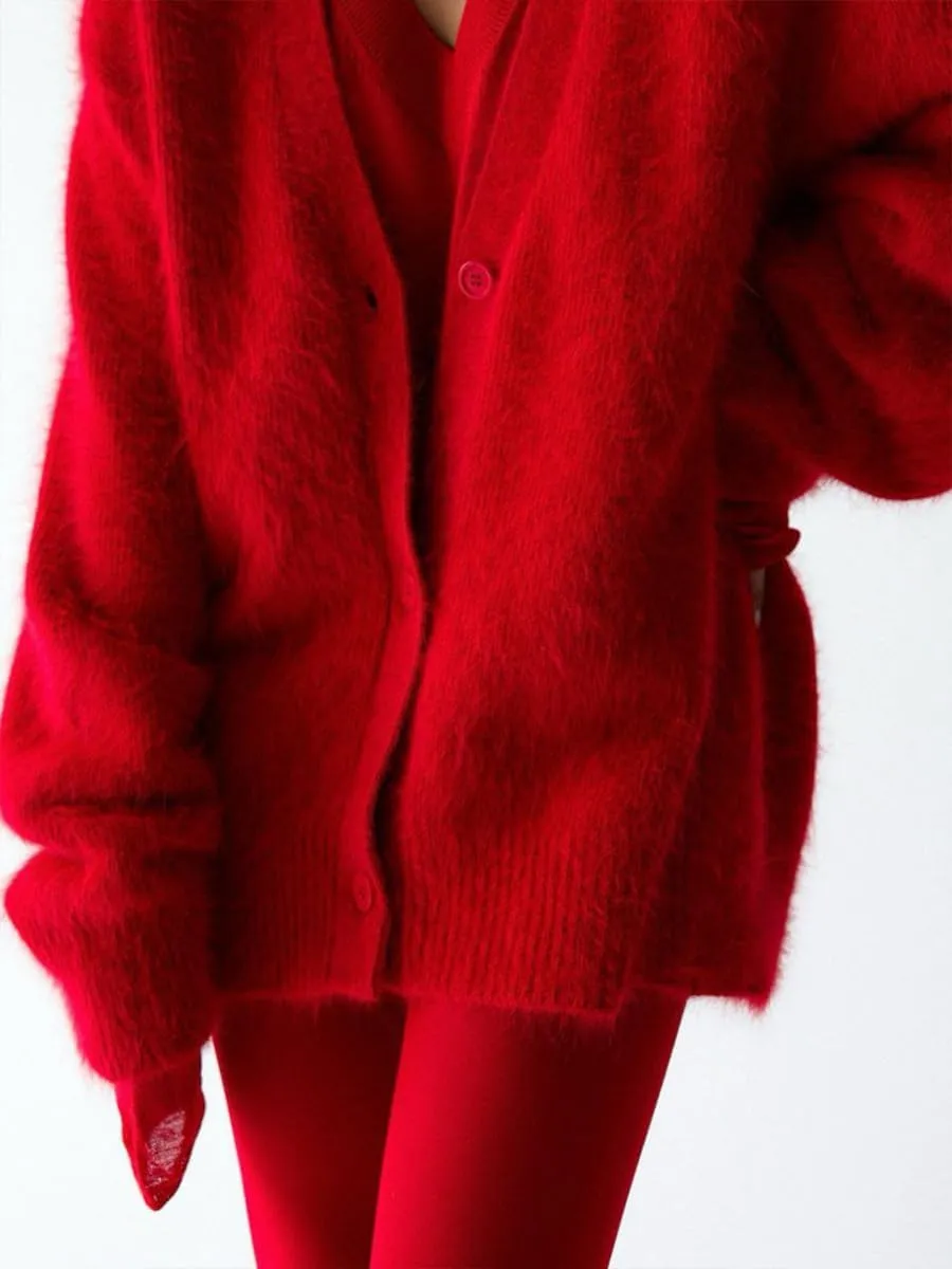 Women's Slouchy Fuzzy Cardigan Sweater - V Neck Long Sleeve Button Down Furry Knitwear for Fall, Plus Size