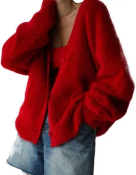 Women's Slouchy Fuzzy Cardigan Sweater - V Neck Long Sleeve Button Down Furry Knitwear for Fall, Plus Size