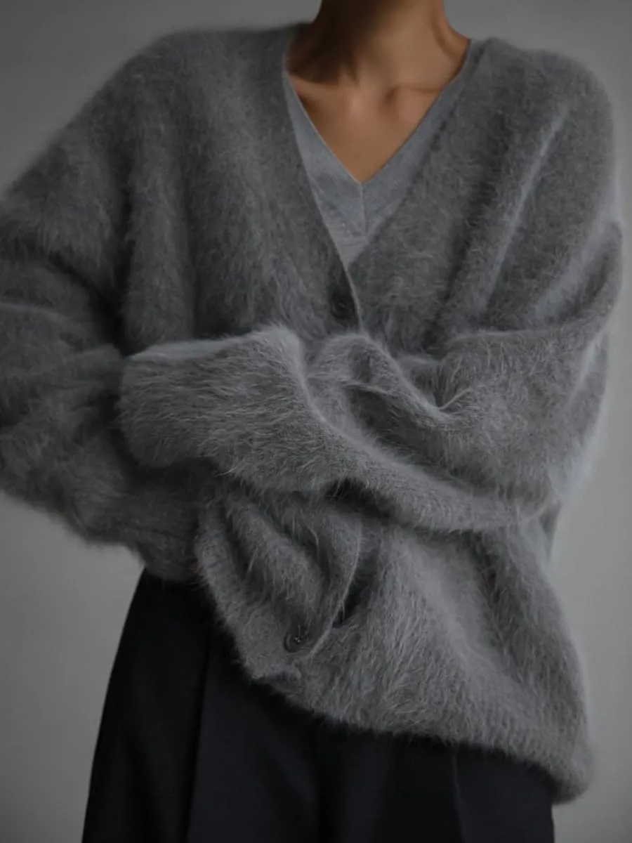 Women's Slouchy Fuzzy Cardigan Sweater - V Neck Long Sleeve Button Down Furry Knitwear for Fall, Plus Size