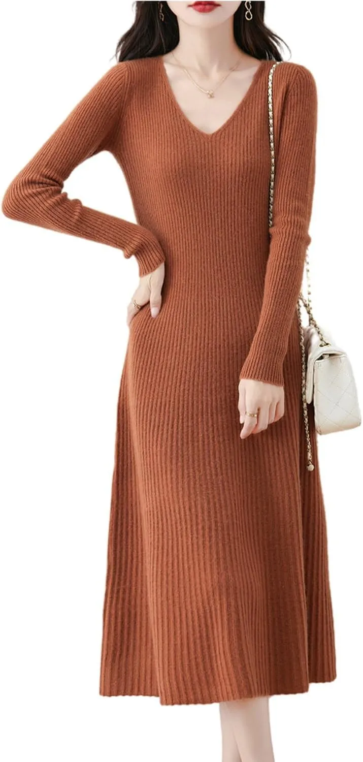 Women's Sweater Dress 100% Merino Wool Pullover Long Sleeve V Neck Knitted Slim Tops