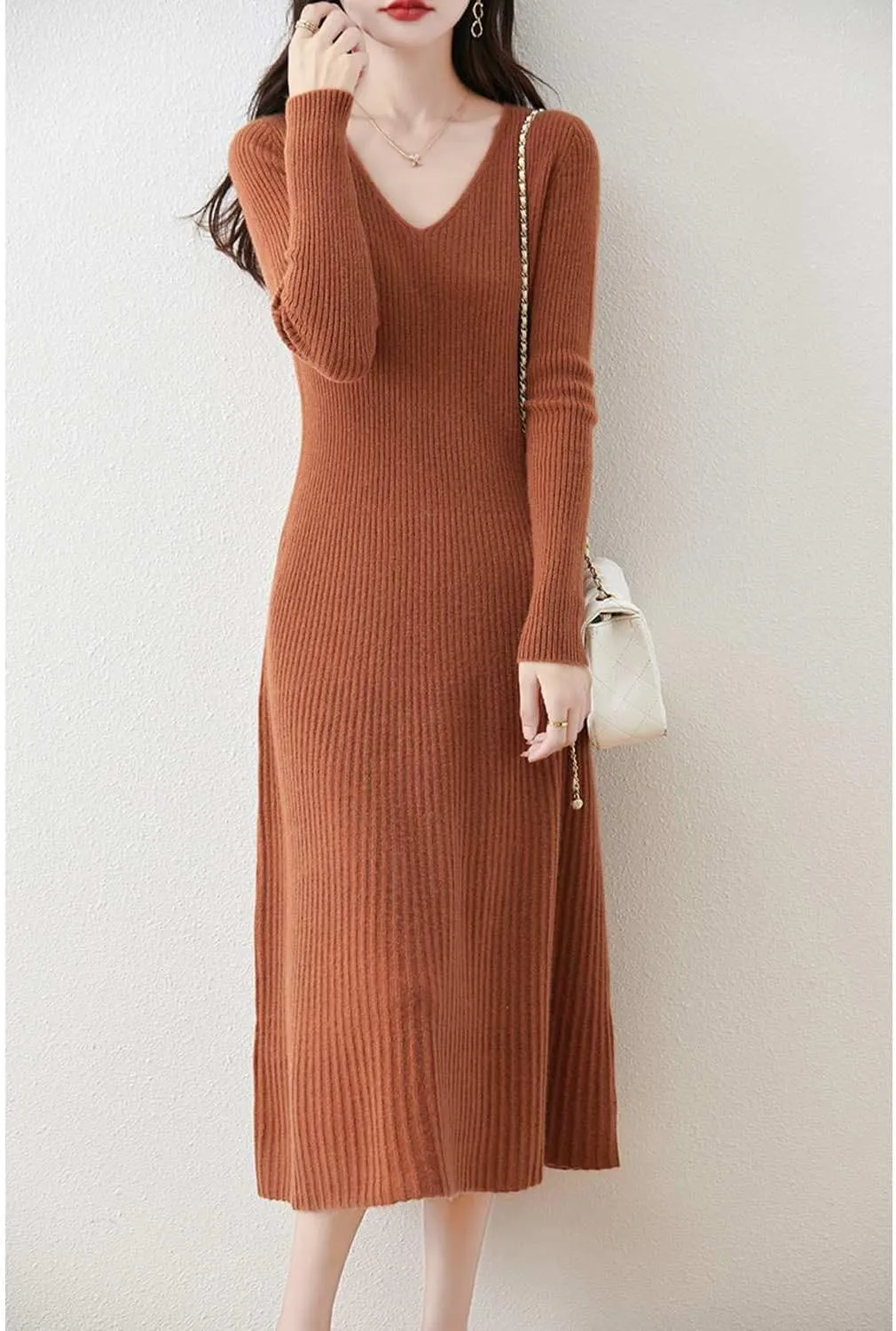Women's Sweater Dress 100% Merino Wool Pullover Long Sleeve V Neck Knitted Slim Tops