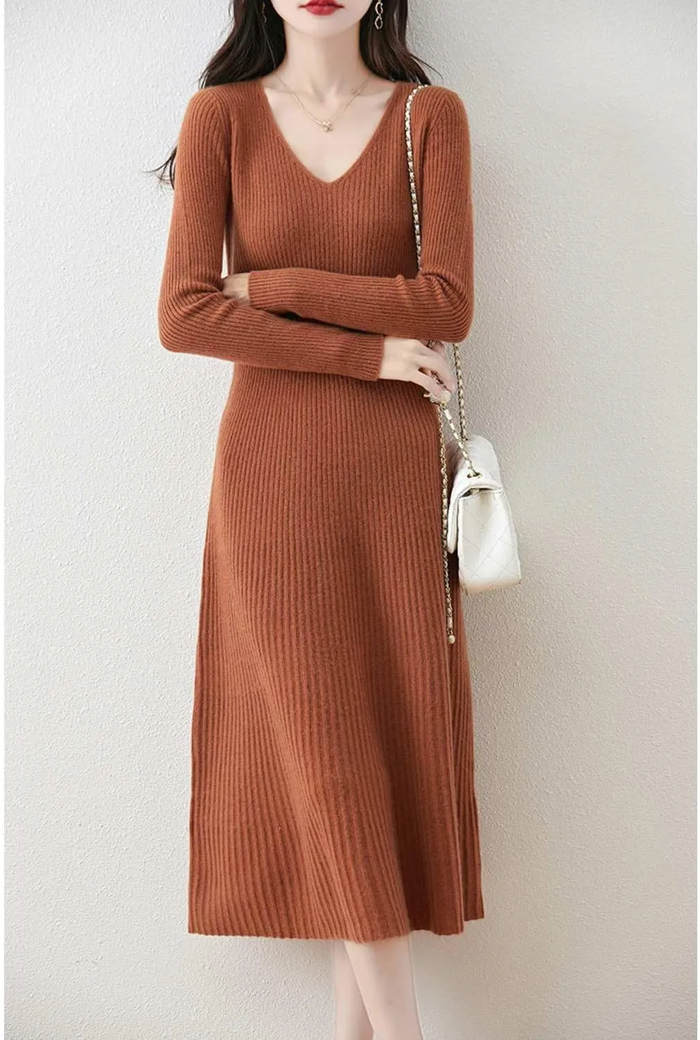 Women's Sweater Dress 100% Merino Wool Pullover Long Sleeve V Neck Knitted Slim Tops