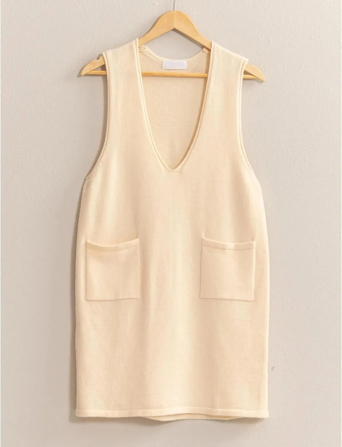 Womens Sweater Vest Dress V Neck Sleeveless Knit Pullover Pinafore Mini Dress with Pockets