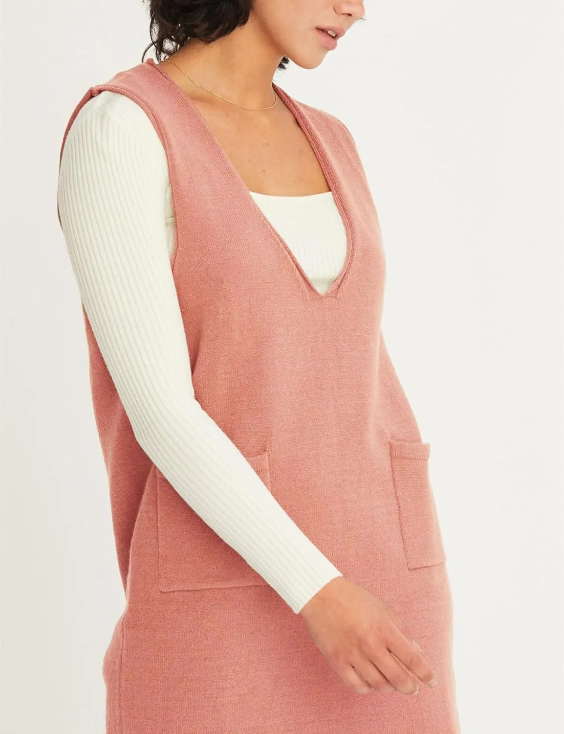 Womens Sweater Vest Dress V Neck Sleeveless Knit Pullover Pinafore Mini Dress with Pockets