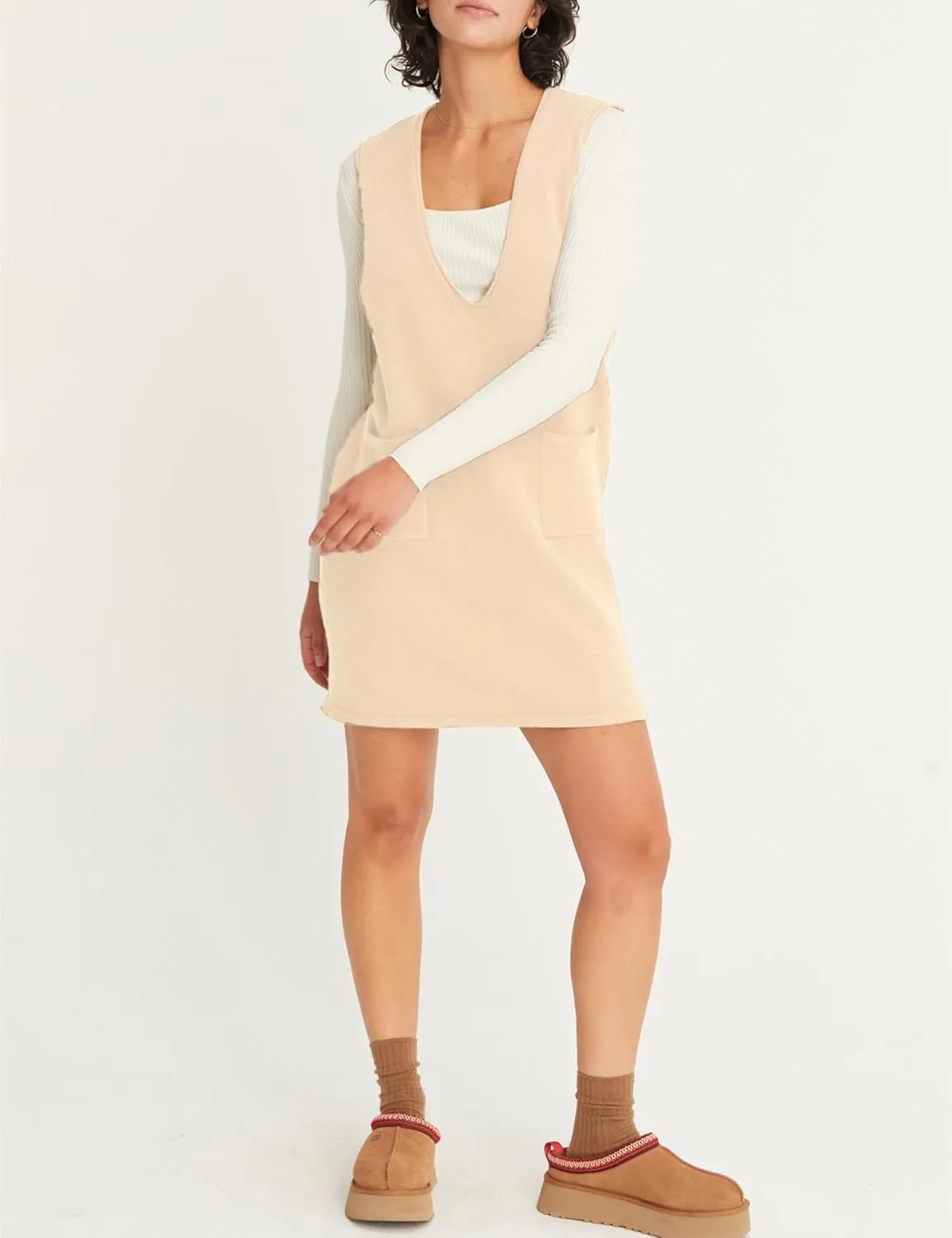 Womens Sweater Vest Dress V Neck Sleeveless Knit Pullover Pinafore Mini Dress with Pockets