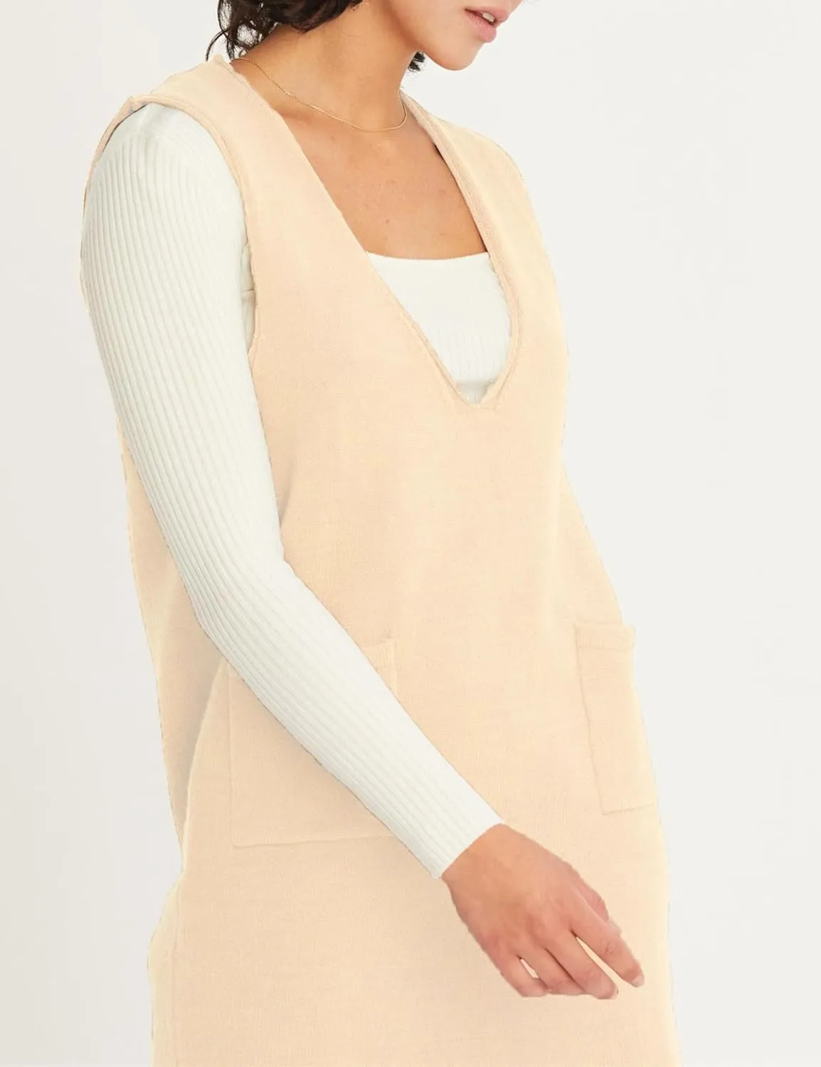Womens Sweater Vest Dress V Neck Sleeveless Knit Pullover Pinafore Mini Dress with Pockets