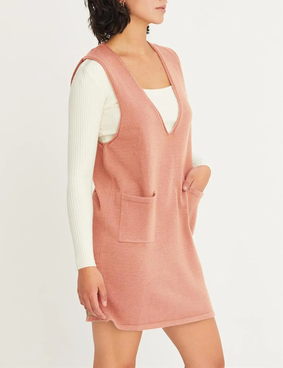 Womens Sweater Vest Dress V Neck Sleeveless Knit Pullover Pinafore Mini Dress with Pockets
