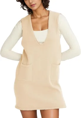 Womens Sweater Vest Dress V Neck Sleeveless Knit Pullover Pinafore Mini Dress with Pockets
