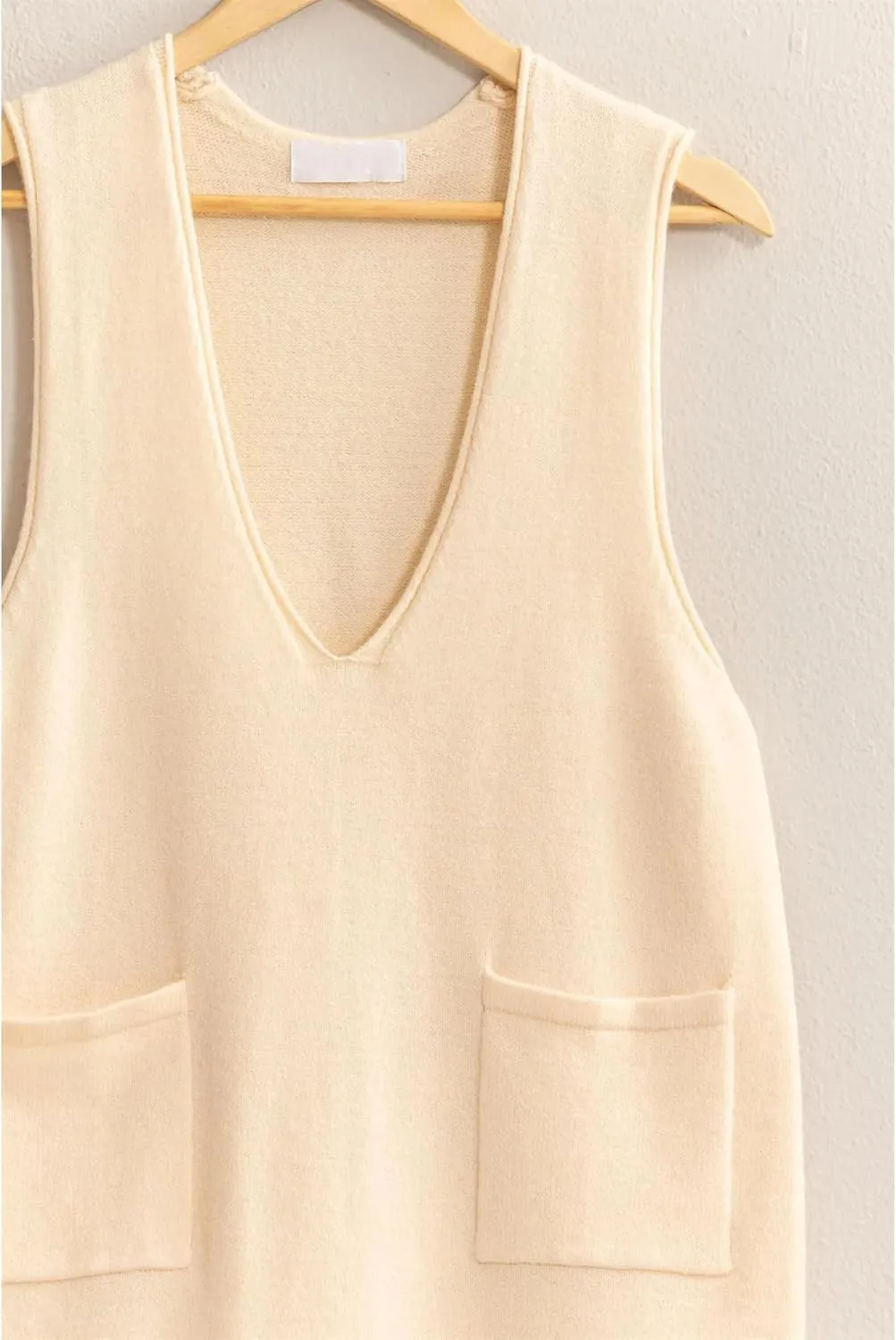 Womens Sweater Vest Dress V Neck Sleeveless Knit Pullover Pinafore Mini Dress with Pockets