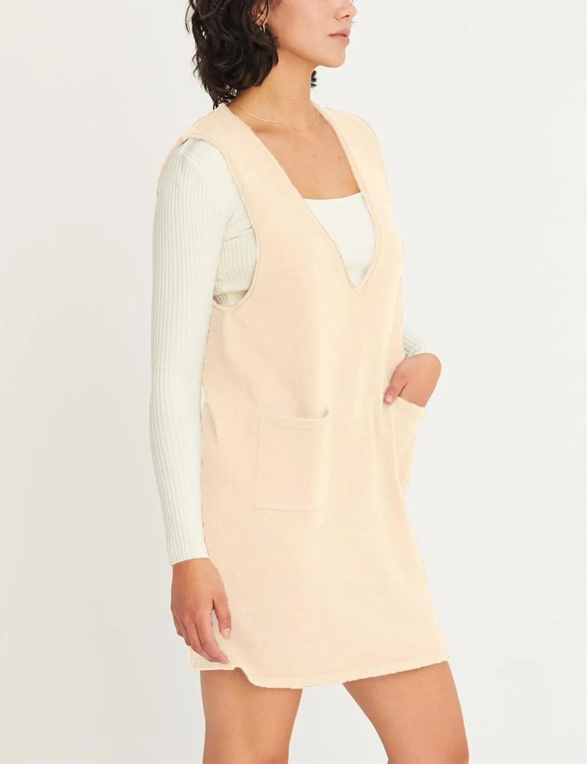 Womens Sweater Vest Dress V Neck Sleeveless Knit Pullover Pinafore Mini Dress with Pockets