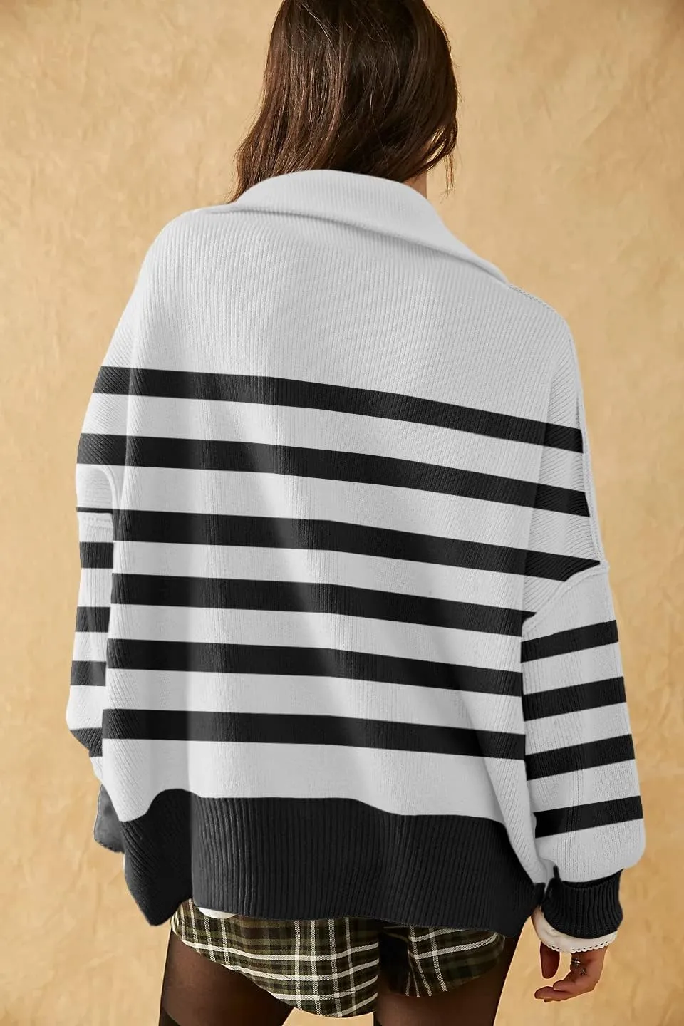 Womens Sweaters Casual Zipper Neck Knit Tops Batwing Sleeve Oversized Sweatshirt Stripes Pullover Sweater Side Split