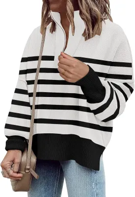 Womens Sweaters Casual Zipper Neck Knit Tops Batwing Sleeve Oversized Sweatshirt Stripes Pullover Sweater Side Split