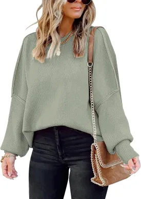 Womens Sweaters Causal Crewneck Batwing Sleeve Knit Top Side Split Oversized Pullover Sweater Loose Jumper